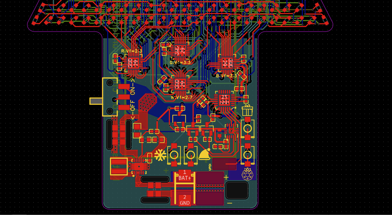 Design view of a PCB in neon colours, black background.